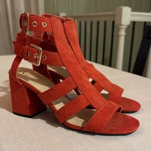 Red Suede Strappy Block Heel Sandals with Gold Buckles
